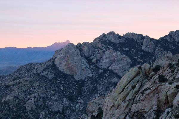 A view of Baboquivari Peak in the distance from our descent