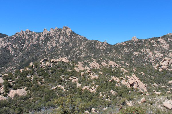 Our ascent route across the rock and brush-covered plateau