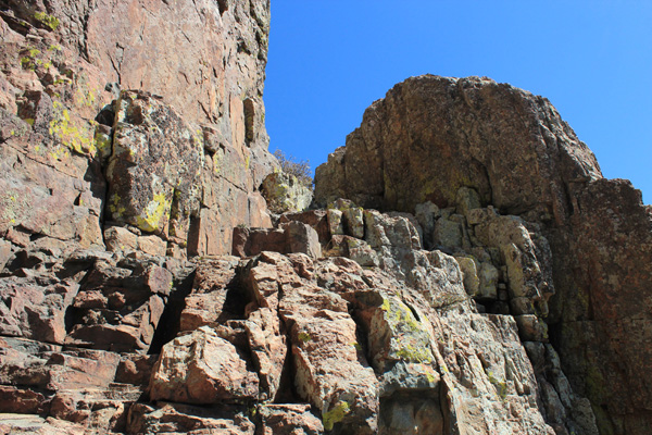 The ramp leading higher to the brushy ledge