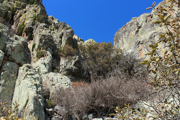 The gully leading towards the summit at the end of the ledge