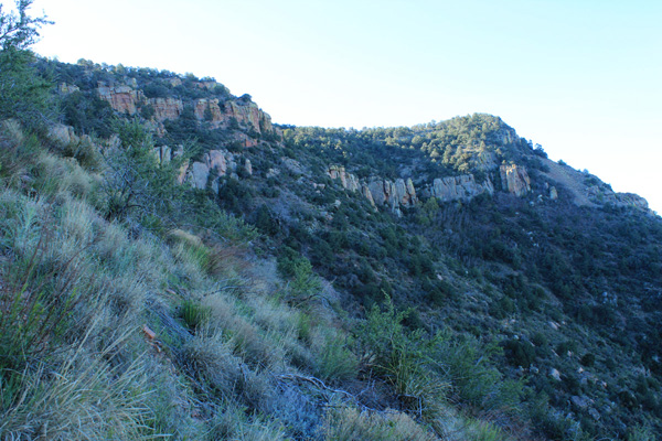 A view south across the shadowed west face of Apache Peaks