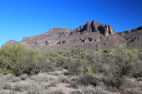 Superstition Ridge from Peralta Road. Superstition Benchmark is the high peak on the left.