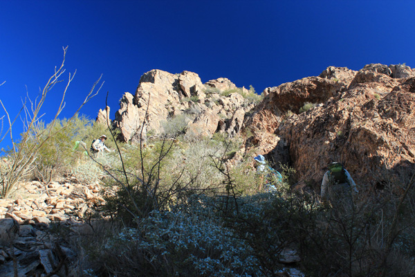 Near the top of the gully we traverse right into a narrower gully that leads higher yet.