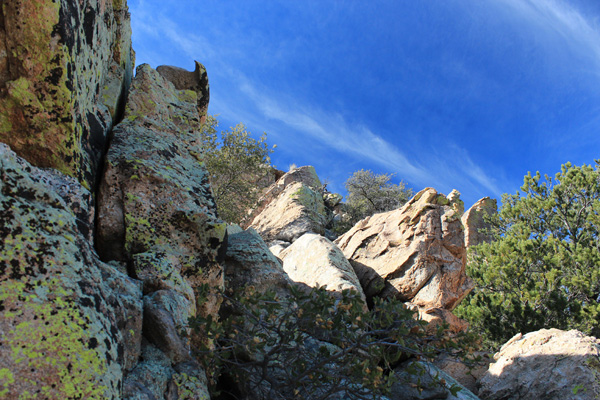 Looking up the Table Tooth spire as we ascend above the notch.