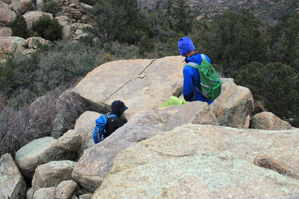 Laura and Keith descending from the summit pinnacle