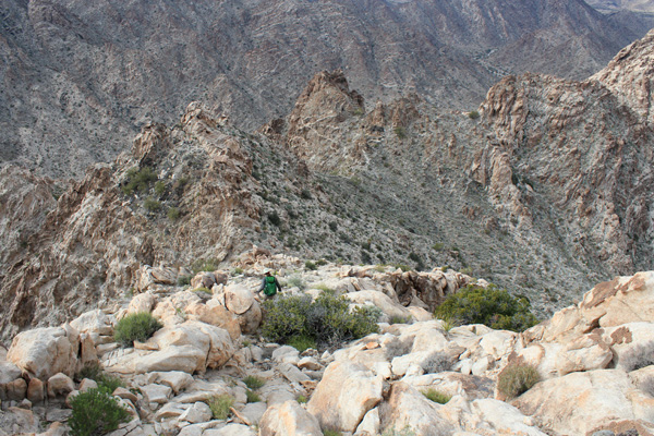 Matthias descends the west ridge towards the upper saddle