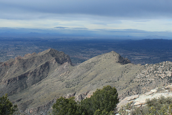 West from the Prominent Point summit. Pusch Ridge is left of center beyond Pima Canyon.