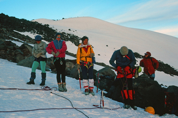At sunrise we rope up to climb the Whitewater Glacier. Linda is in the center