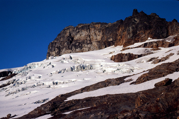 The glacier below the East Face of Sloan Peak. This is part of the "Corkscrew Route" up the peak