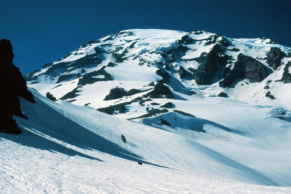 The view up the broad ridge ("The Turtle") from our first camp at 7800 feet. Camp Hazard, the next day's camp, lies immediately below the Kautz Ice Cliffs above.
