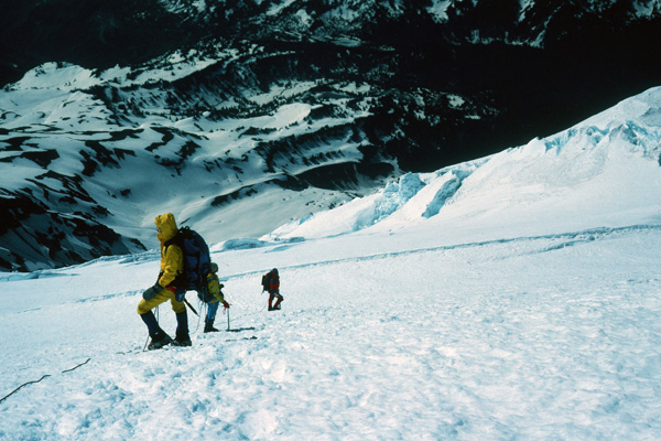 Linda, Roy, and Ray descending high on the Kautz Glacier