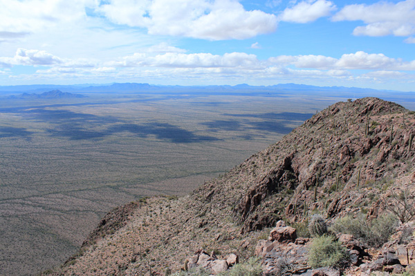 Southwest towards the Mesquite Mountains on the left and the distant Ajo Range