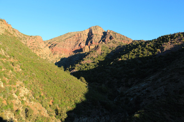 The Barnhardt Trail climbs steeply above Barnhardt Canyon to reach the north slopes of Mazatzal Peak above to the left.