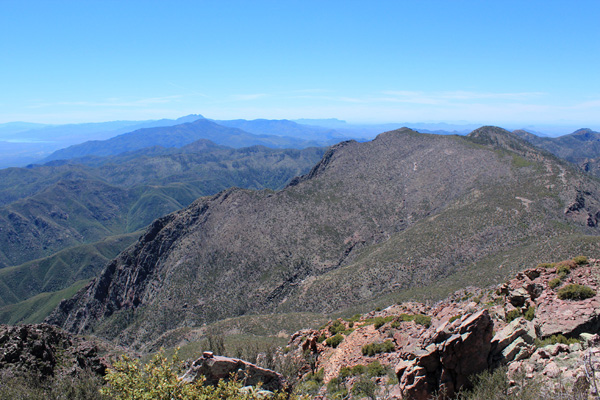 South along the spine of the Mazatzal Mountains towards Four Peaks and Superstition Ridge in the distance