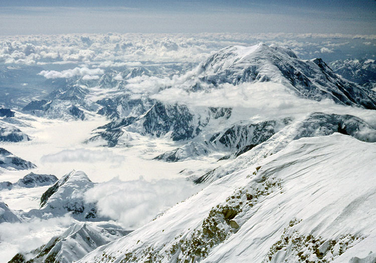 Looking down on the Kahiltna Glacier and Mt. Foraker from Denali