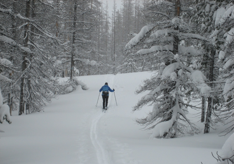 Linda Skiing the Vista Butte Trail