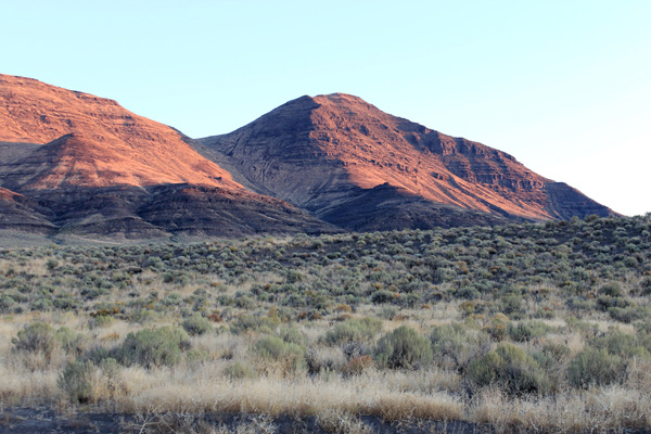 Mickey Butte at sunrise. We climbed the south gully below and to the left.