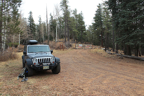 My Jeep parked at the locked gate below the Hutch Mountain Lookout