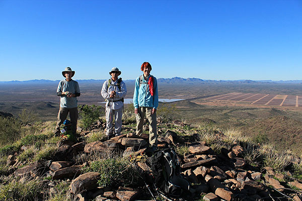 Bill, Brian, and June on Jack Benchmark SW with the Vekol Mountains and Lake Saint Clair beyond