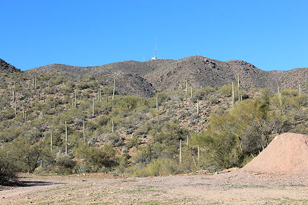 The Quijotoa Mountains highpoint and towers from my parking spot beside the windmill