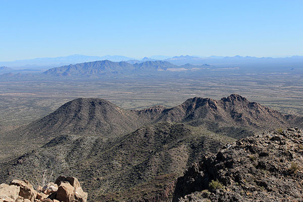 The Slate Mountains and Prieta Peak to the southeast, with Ragged Top, the Silver Bell Mountains, and Waterman Peak beyond