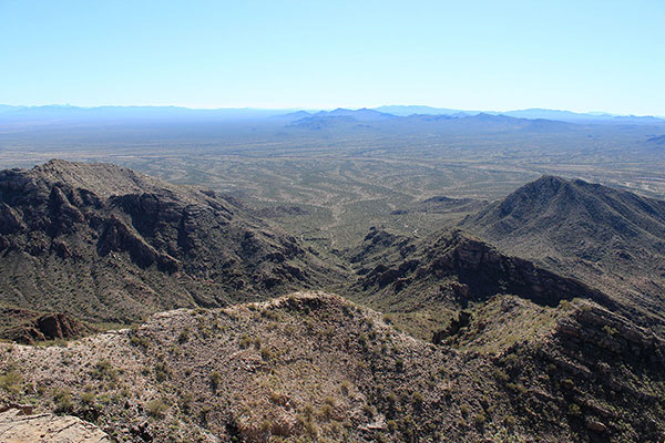 Looking down our route towards the Sheridan, Cimarron, Quijotoa, and Sierra Blanca Mountains