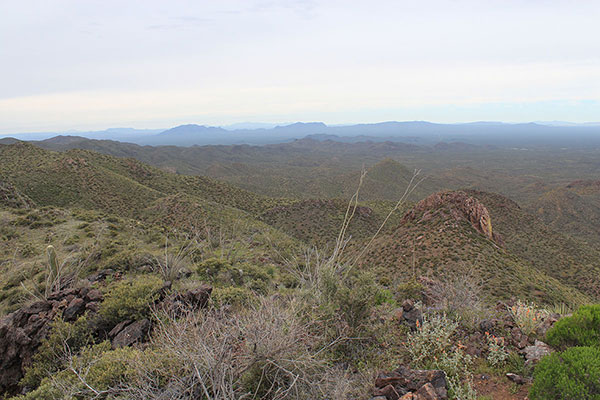 To the west South and Ben Nevis Mountains lie in front of more distant Mesquite Benchmark and the Ajo Range.