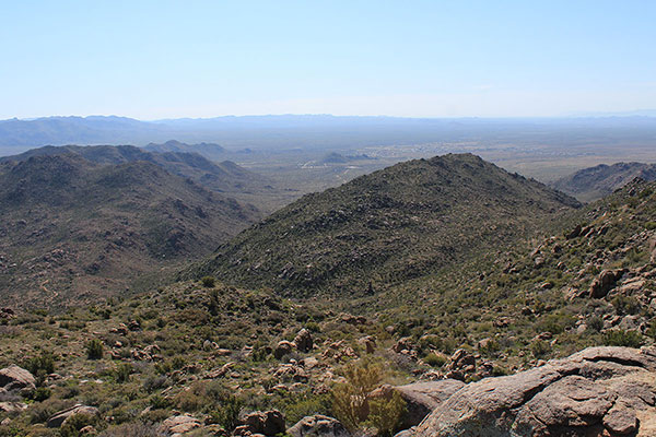Looking down the Southeast Canyon towards Congress, Arizona, from the Date Creek Mountains highpoint