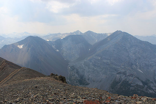Looking SW from the Hurwal Divide summit with Eagle Cap, Matterhorn, and Sacajawea Peak from left to right