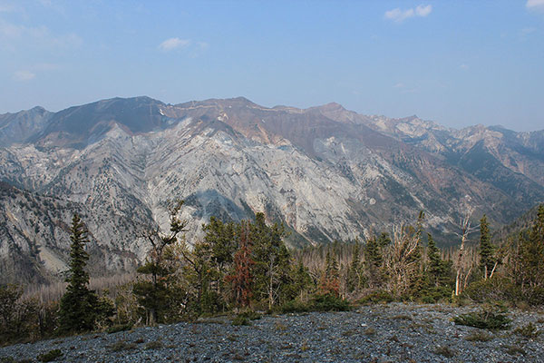 Looking down into the Hurricane Creek Valley from the northwest ridge of the Hurwal Divide