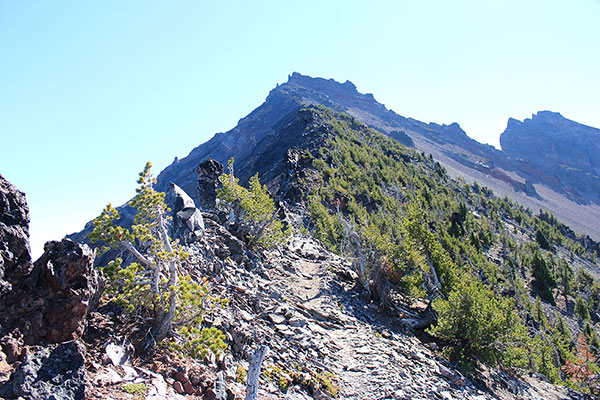 The morning view up the Northwest Ridge, Bob leading just right of center.