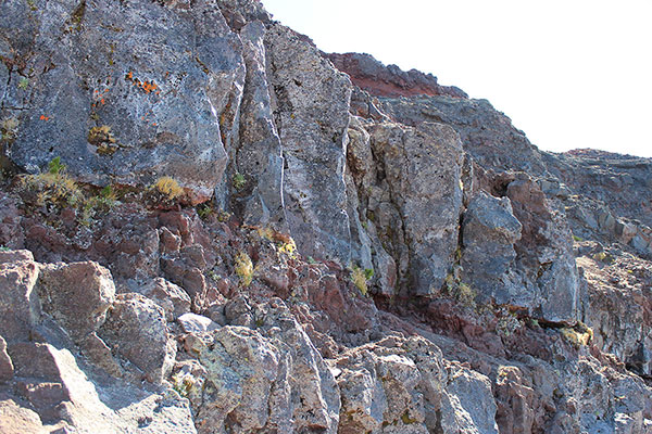 The right-side access routes up the basalt wall. I took the one in the center, Bob took the one right of it.