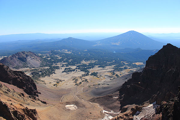 Tumalo Mountain and Mount Bachelor from the Broken Top summit, the Crook Glacier below