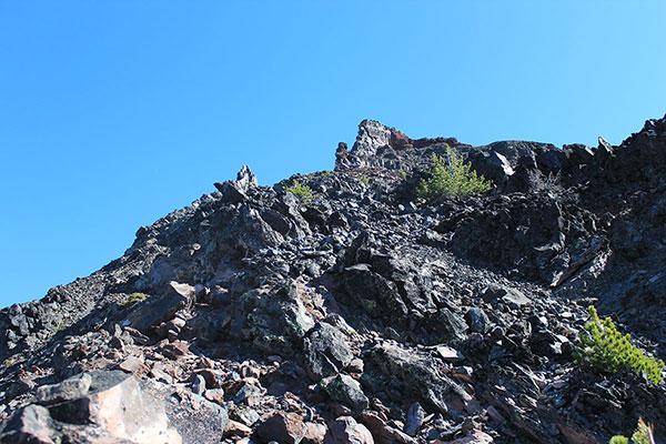 Approaching the Broken Top summit pinnacle high on the Northwest Ridge