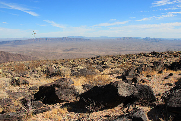 East from Growler Peak, with Childs Mountain on the left, the Little Ajo Mountains on the right, and the city of Ajo beyond