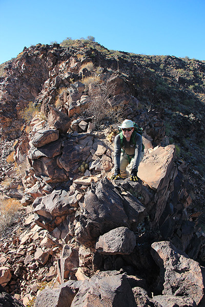 Matthias follows me down a narrow and exposed ridge high on the east ridge