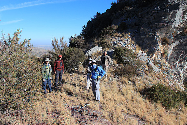 Bill, Dave, Tom, John, and Ron starting the traverse to Bob Thompson Peak