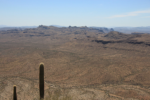 South from the Maricopa Peak summit looking across the Sand Tank Mountains towards distant Cimarron Peak