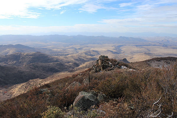 Looking west down our ascent route with the Aquarius Mountains in the distance