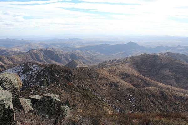 To the south I see the distant Date Creek Mountains, Tres Alamos, and Arrastra Mountain in the haze