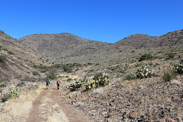 Hiking up Poppy Canyon to the facing slopes leading to the summit ridge