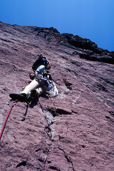 Franz leads our team up Monkey Face's bolt ladder (October 1982).