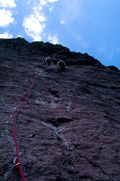 Franz arrives at Monkey Face's mouth at the top of the overhanging bolt ladder (October 1982).
