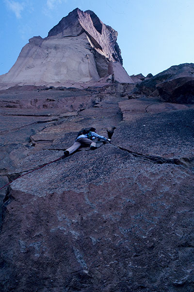 Franz leads low on the West Face Variation route beneath Monkey Face (October 1982)