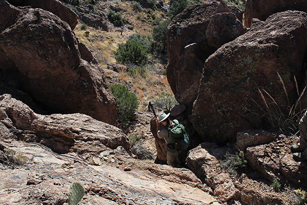 Matthias descends on rock as we work our way directly up the northwest ridge.