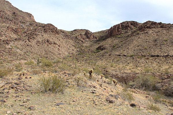 I decide to traverse directly up the left side of this canyon, rather than climb the ridge to the right