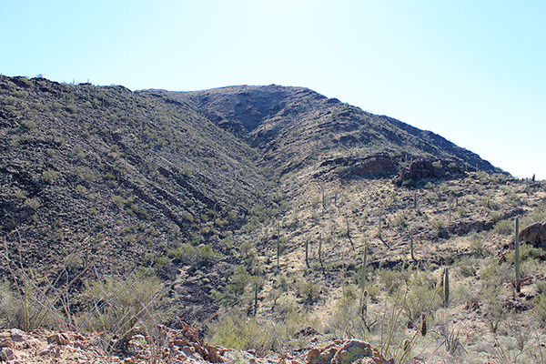 My route climbs the ridge on the right over the rocky buttress up to the shoulder above