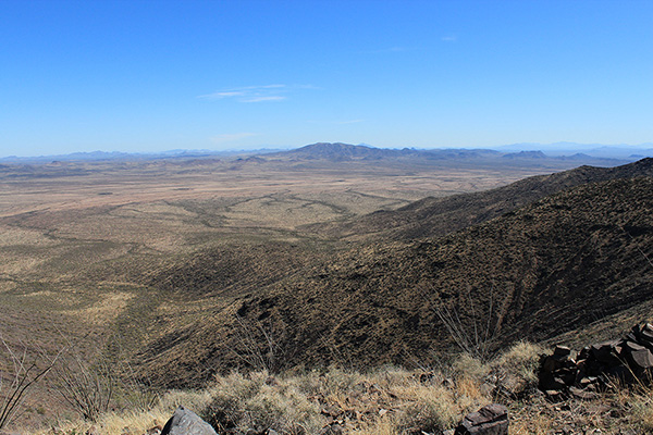 Cimarron Peak and distant Gu Achi Peak to the East from the Sauceda Benchmark summit