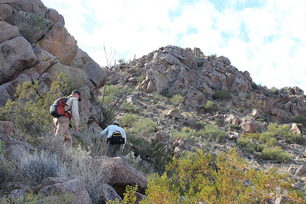 John and Dave lead around a rock outcropping high on the northeast ridge