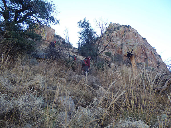 Above the trail we climb steeply up through brush and over rock slabs towards Valentine Peak